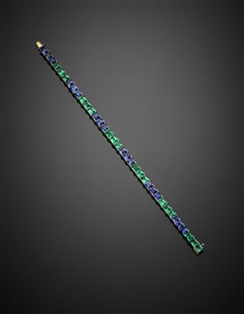 Bracciale tipo tennis in oro bianco con zaffiri e smeraldi ottagonali, g 17,60