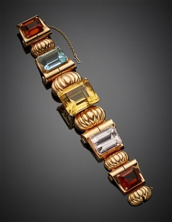 Bracciale in oro rosso con quarzi citrini, morganite e acquamarina, g 96,06 cir