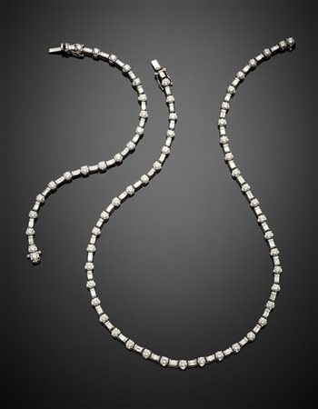 Demi-parure in oro bianco con diamanti rotondi e a baguette alternati per compl