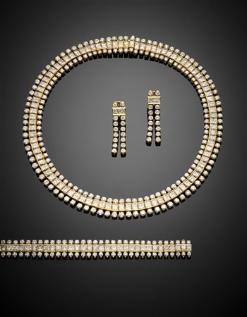 Demi-parure in oro giallo diamanti rotondi e radiant per complessivi ct. 94 cir