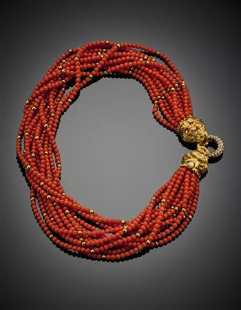 Collier a dodici fili di corallo arancione di mm 3.50/4.00 cica con boules a di