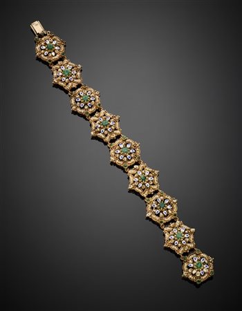 Bracciale in oro giallo modulare con microperle, smeraldi e smalti , g 39,55 ci