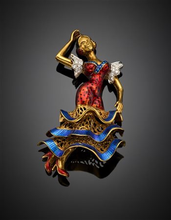 DAMIANI
Spilla/pendente a guisa di ballerina in oro giallo e bianco con diamant