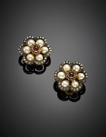 Orecchini in oro giallo 333/1000, argento, diamanti a mezza rosetta, perle e pa