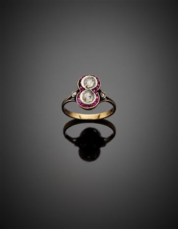 Anello in oro giallo con diamanti a mezza rosetta e rubini calibré, g 2,75 circ