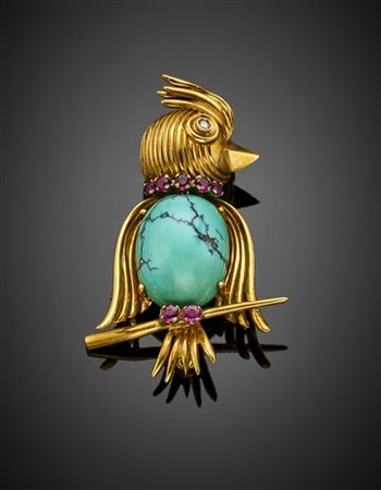 LUNATI
Spilla a guisa di picchio in oro giallo con turchese cabochon e rifinita