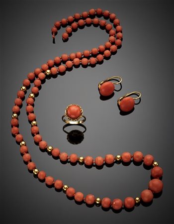 Demi parure in oro giallo e corallo arancione composta da collana a scalare di