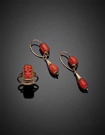 Lotto in corallo rosso/arancione, oro 750/1000 e 333/1000 composto da orecchini