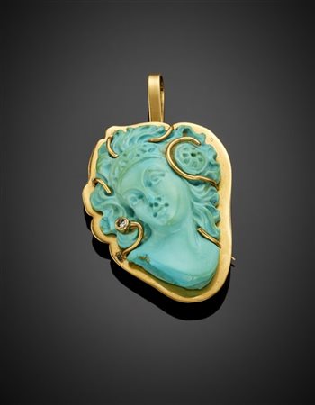 Broche/pendente in oro giallo con turchese scolpito, rifinita con piccolo diama