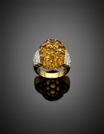 Anello a cupola in oro giallo con quarzi citrini e diamanti per complessivi ct.