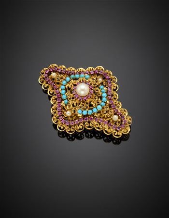 Spilla/pendente in oro giallo rifinita con perle, turchesi cabochon e corindoni