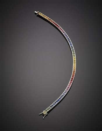 Bracciale tennis in oro bianco con gemme multicolori, g 18,50 circa, lungh. cm