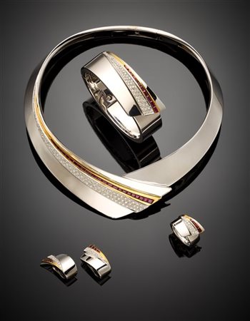 Demi-parure in oro bianco e giallo con diamanti per complessivi ct. 3,50 circa