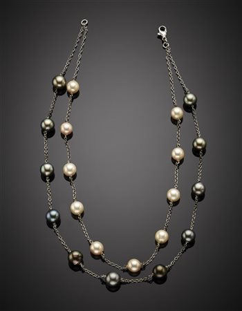Collier a due fili in perle bianche, grigie e nere coltivate da mm 8 a mm 9,60