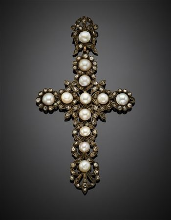 Croce pendente in oro 300/1000, argento, diamanti a mezza rosetta, paste vitree