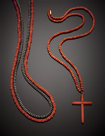 Lotto composto da collana in boules di corallo arancione di mm 3.70 circa con p