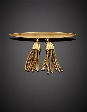 Spilla in oro giallo con due nappe, g 8,24 circa, lungh. cm 3,80, largh. cm 6 c