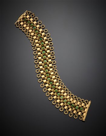 Bracciale a fascia modulare in oro giallo e turchesi, g 92,89 circa, lungh. cm