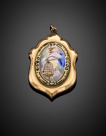 *Pendente portafoto in oro 333/1000 cesellato con placca in smalto policromo, g