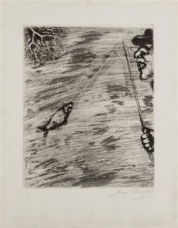 Marc Chagall (Lezna 1887-Saint Paul de Vence 1985)  - Il pesciolino e il pescatore
