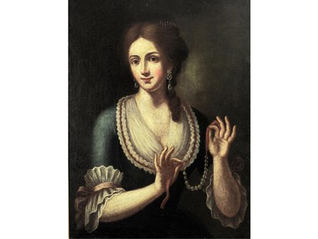 Scuola lombarda (XVIII secolo) Dama con perle Olio su tela Misure 70x54 cm