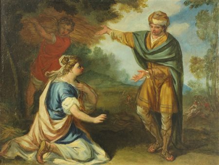 Coppia di dipinti scuola romana (XVIII secolo) Ruth e Boaz/Dio parla a Mosè...