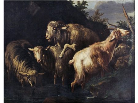 Scuola romana (XVII secolo) Scena pastorale con caproni e pecore (L'istinto)...