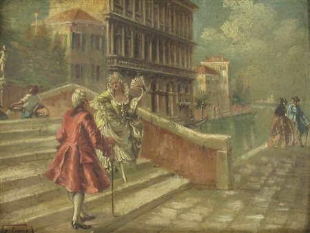 Scena Veneziana Olio su tavola Epoca fine XIX secolo Firma illeggibile Misure...