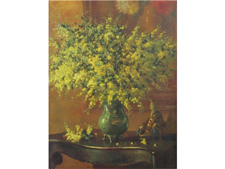 S. Manzini (XIX secolo) Vaso di mimose Olio su tela Misure 96x74 cm