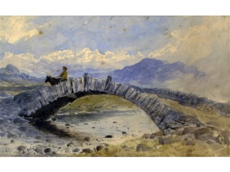 Firma illeggibile Paesaggio fluviale Acquarello su carta Misure 14x22.8 cm