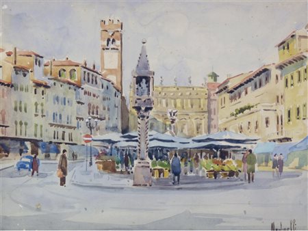 Martinelli (XX secolo) Piazza Erbe a Verona Acquarello su cartoncino Firmato...
