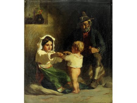 Anonimo (XIX secolo) Affetto famigliare Olio su tela Non firmato Misure 30x24 cm