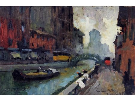 Cirano Castelfranchi (Milano 1912-Firenze 1973) Navigli Olio su tavoletta...