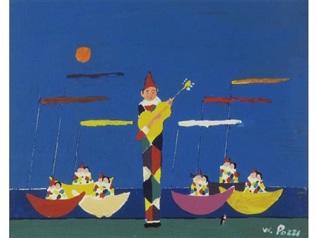 Walter Pozzi (Bergamo 1911-Milano 1989) Arlecchini Olio su cartoncino telato...