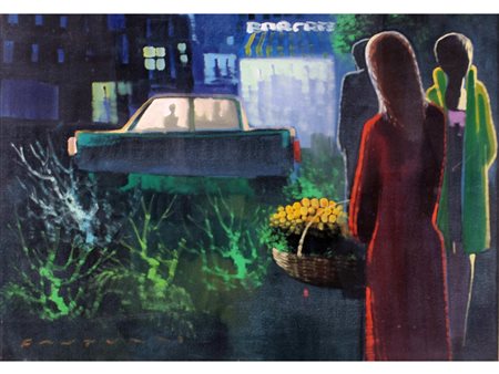 Eliano Fantuzzi (Modena 1909-1987) Riflessione in città Olio su tela Firmato...