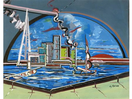 Giordano Pavan (Adria 1926) Cantiere Olio su tela Firmato e dedicato a tergo...