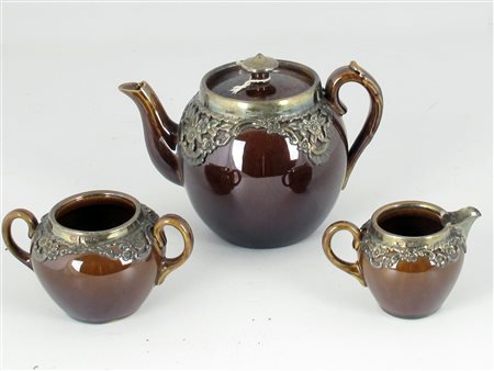 Servizio da tre pezzi in argento e porcellana Altezza caffettiera 12.5 cm,...