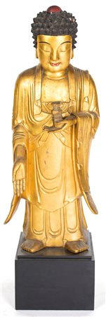 Buddha in legno dorato e lacca rossa, Cina, fine della dinastia Qing, inizio...