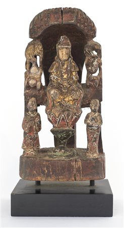 Piccola figura di Guanyin avalokitesvara in legno policromo, Cina dinastia...