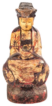 Figura di Buddha in trono in legno laccato e dorato, Cina, dinastia Qing,...