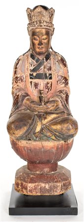 Grande Guanyin Avalokitesvara in legno policromo con tracce di doratura,...
