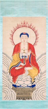 Grande rotolo verticale, Cina, XX secolo raffigurante Buddha in Abhayamudra...