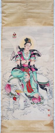 Grande rotolo verticale, tempera su carta, Cina, XX secolo raffigurante il...