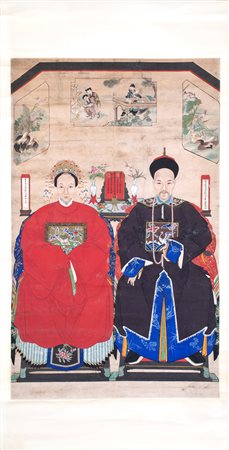 Grande rotolo verticale, Cina, XX secolo raffigurante Imperatori, tempera su...