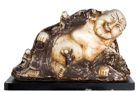 Grande figura di Hotei in alabastro in parte laccato, Cina, dinastia Qing,...