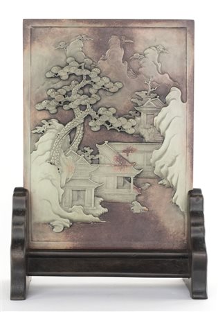 Schermo da tavolo in pietra saponaria, Cina, fine della dinastia Qing, inizi...