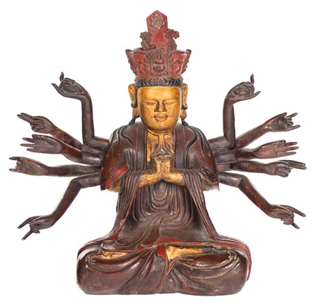 Guanyin Bodhisattva Avalokiteshvara in legno laccato rosso e dorato, Vietnam,...