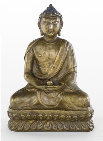 Piccola figura di Buddha in bronzo, Tibet, XVI secolo ritratto in Dhyana...