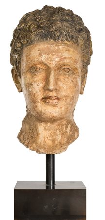 Testa di giovane in stucco policromo, area storica del Gandhara, II-III...