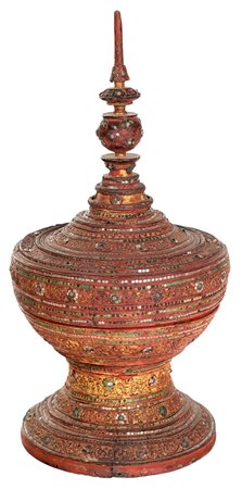 Contenitore in lacca rossa su fibre di rattan concentriche, Birmania, XIX...